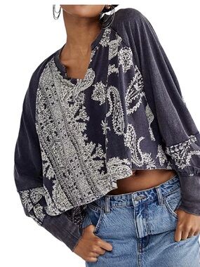 Free People True Perfection Tee Smokey Sapphire Boho Flowy Long Sleeve Small